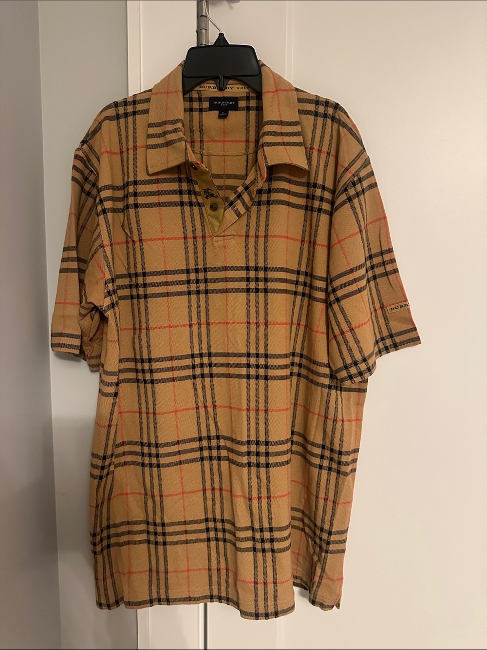 Burberry Tan Plaid Polo Shirt with Black & Red Windowpane
